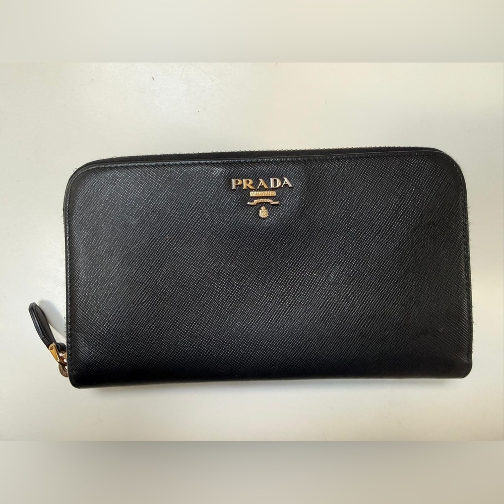 Prada Saffiano Metal Zip-Around Wallet – Black (Authentic)